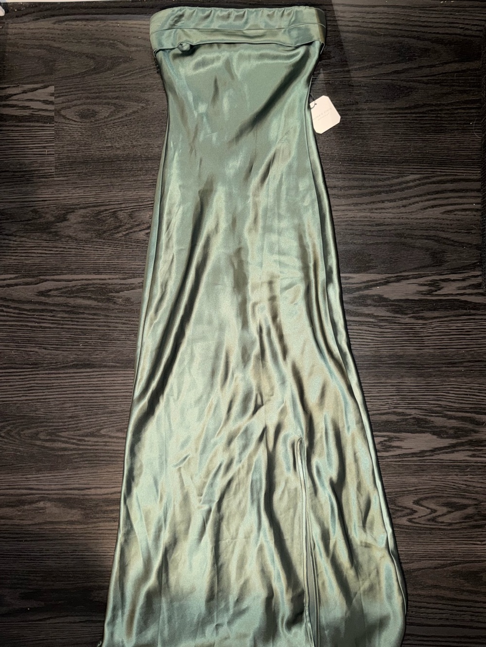 Altar'd State Strapless Satin Maxi Dress in Sage Green